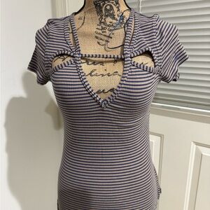 Free People Navy and Beige Striped Cut-Out cotton blend Top size Medium
